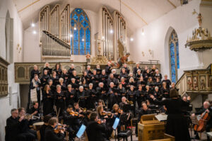 Die Kantorei St. Stephan steht auf einer Bühne und spielt.