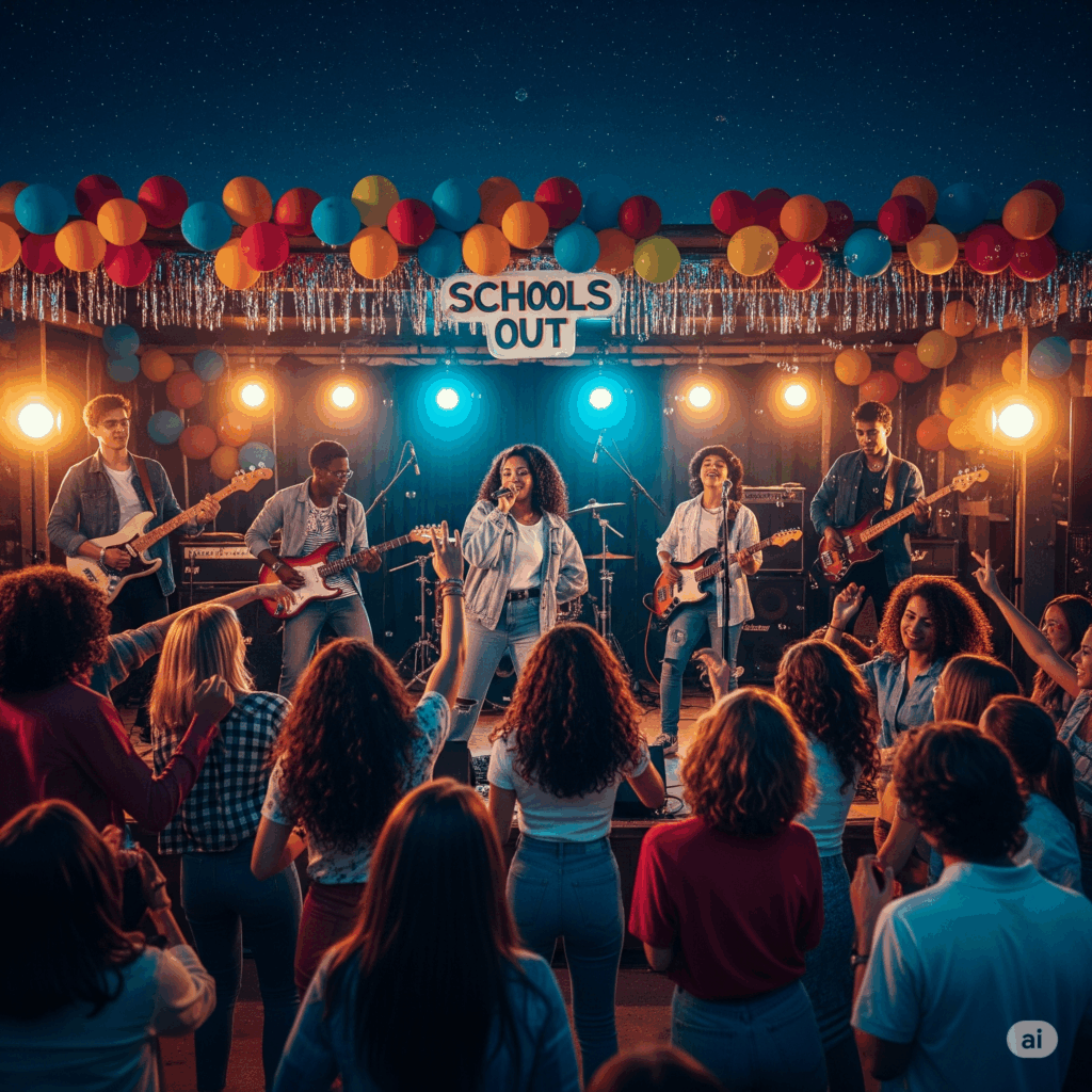 Schools Out Eine Band steht auf der Bühne, im Vordergrund sind Zuschauer zu sehen.