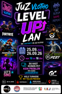Plakat zur Lan Party mit Bildern von Fortnite, Mario Kart, FC27