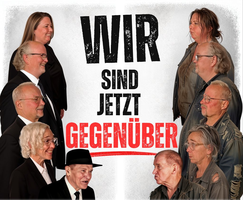 Auf der linken Seite5 Personen im Schwarzen Anzug und auf der rechten Seite 5 Personen in grauen Jacken.